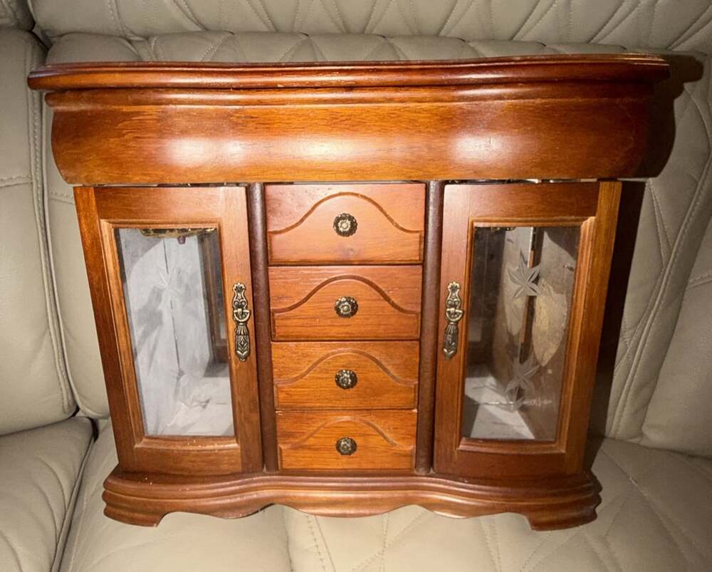 Vintage Wooden Mini Cabinet with Floral Glass Doors and Felt Drawers